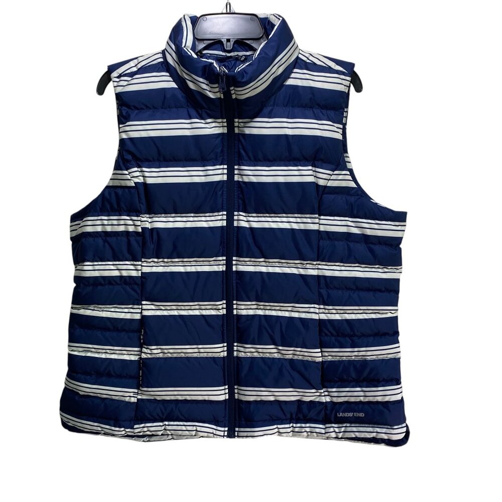 Lands End Puffer Vest Womens 18 XL Navy Striped Down Feathers Cozy Outdoors Warm